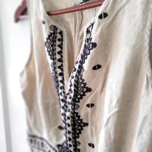 Tan Linen Embroidered Romper